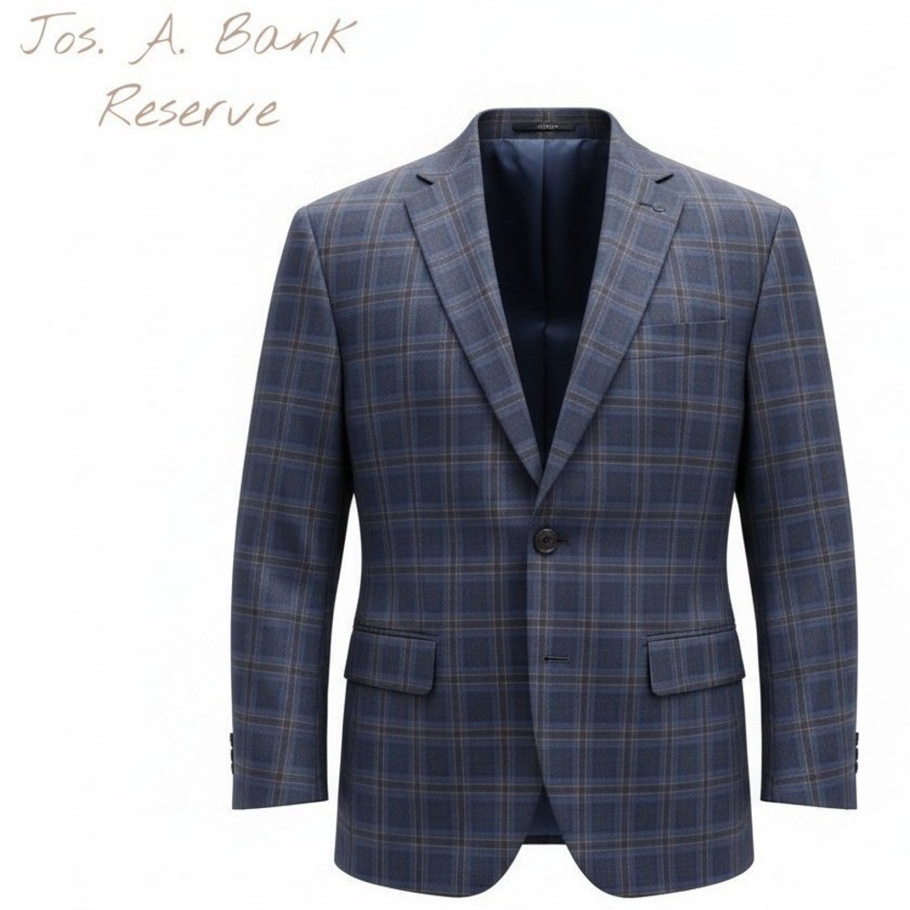 Jos A Bank Reserve Blazer Mens 40R Blue Plaid Windowpane Wool Cashmere E. Thomas